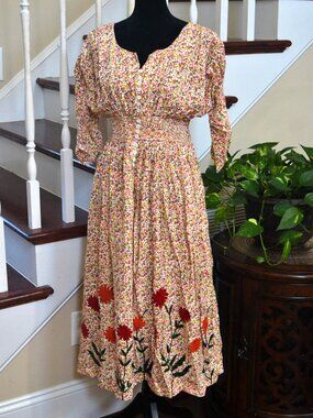 eShakti Floral Embroidered Midi dress Smocked waist POCKETS custom size 10